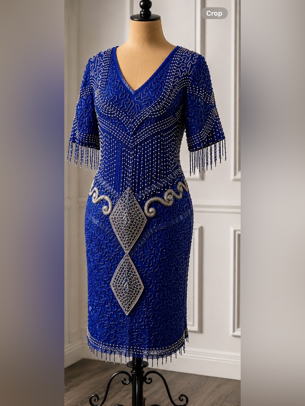 Vintage Fringe Sequin Beaded Gatsby Flapper Evening Formal MIDI 80s 90s Dress